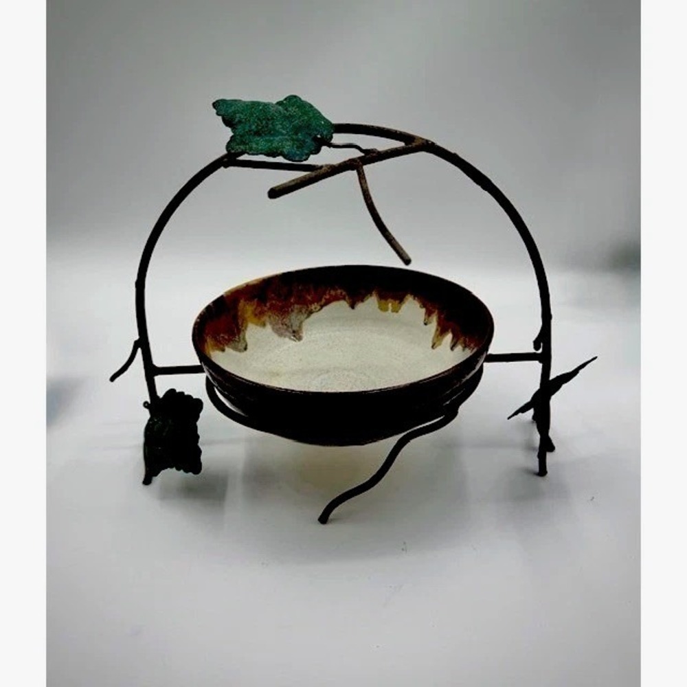 Handmade Ceramic Bowl with Metal Stand Artistic Rustic Farmhouse Kitchen Decor